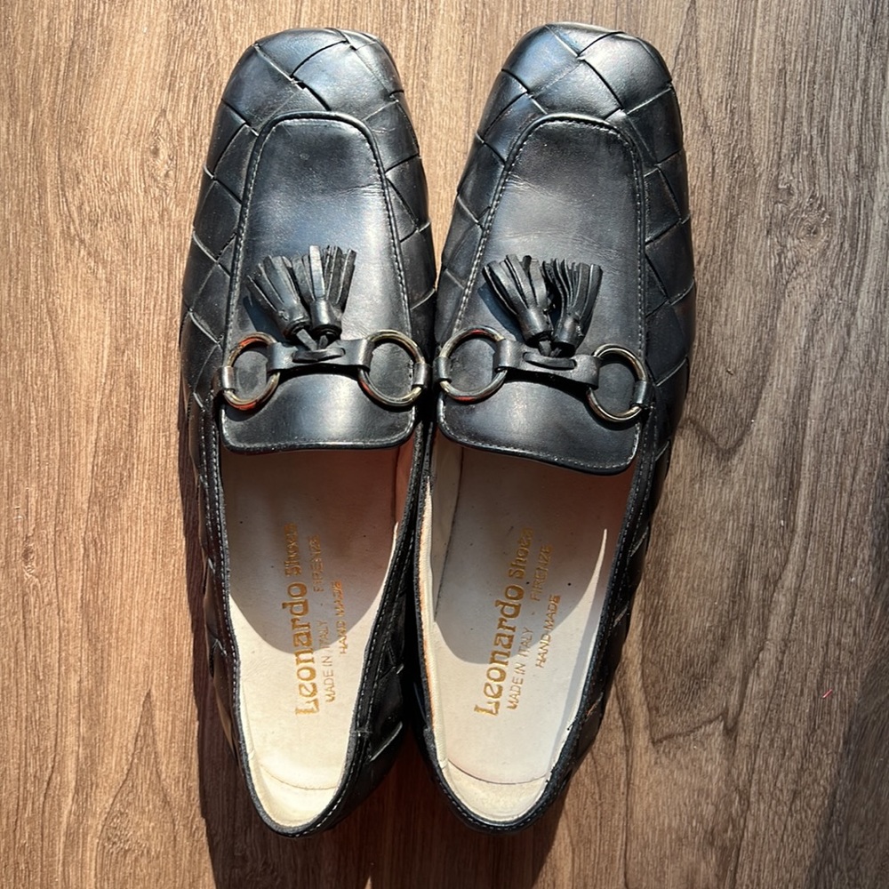 Dark Brown Leather Loafers with Tassle and Woven Leather Detail